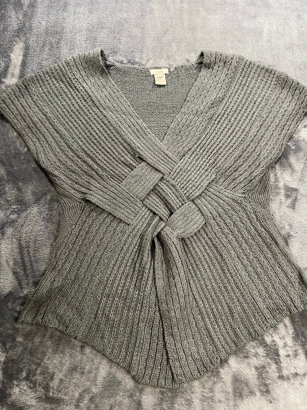 Grey Woven Lattice Sweater Short Sleeve Plunging Surplice V-Neck L